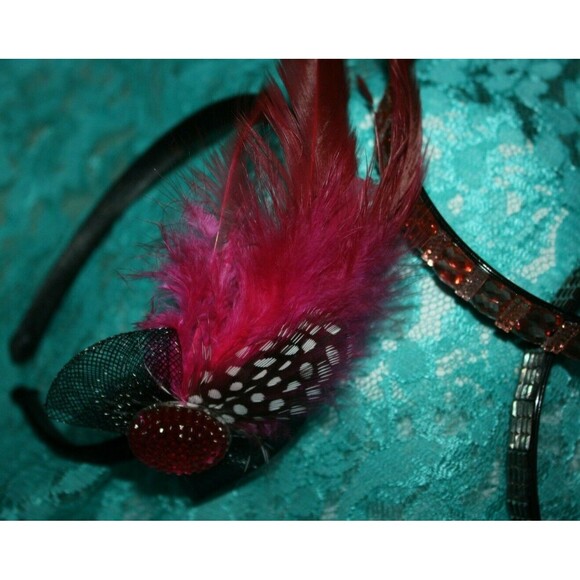 SET OF THREE GIRLS WOMEN LADIES HEADBANDS HOT PINK FEATHERS RHINESTONES NEW - Picture 2 of 4